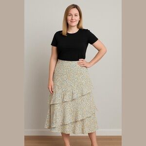 Davi & Dani •Women’s Yellow Blue Floral Tiered Front Side Slit Midi Skirt 1X NWT